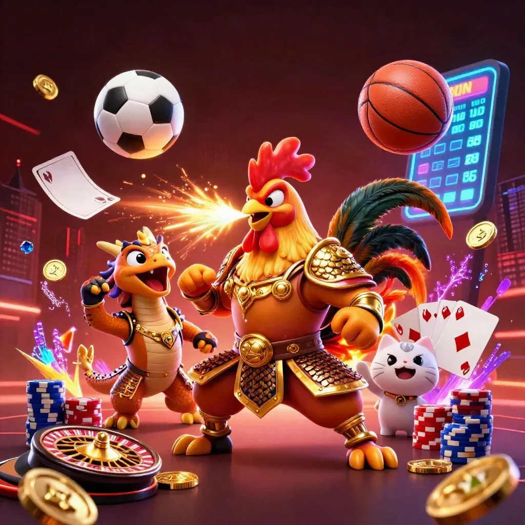 Rooster warrior, dragon hatchling, fortune-cat, sports balls, chips and roulette in neon casino action.