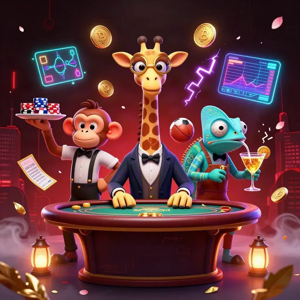 Neon casino scene with giraffe, monkey valet, and chameleon bartender amid glowing crypto effects.