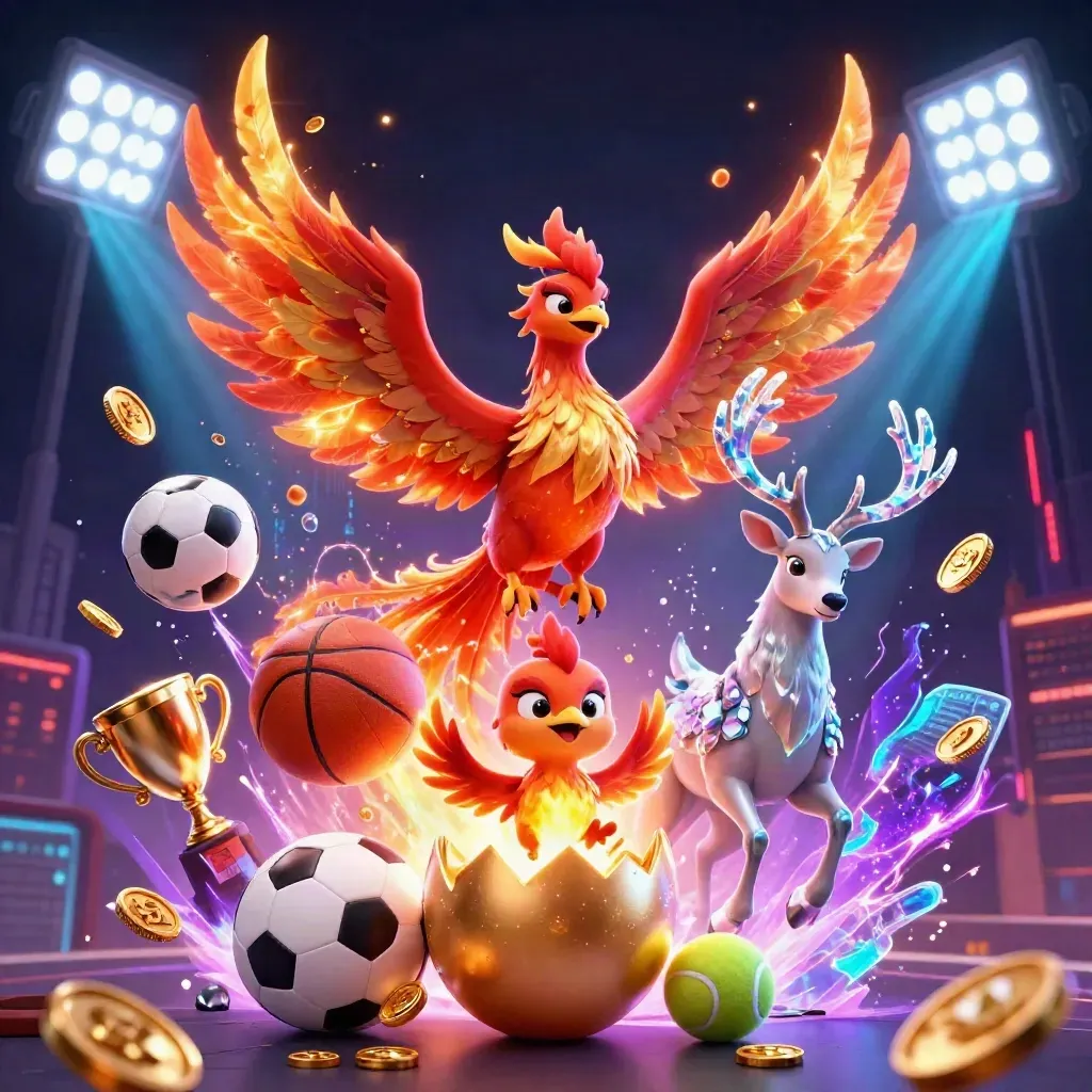 Phoenix, hatching chick, and crystal stag amid flying balls, coins, and neon casino lights.