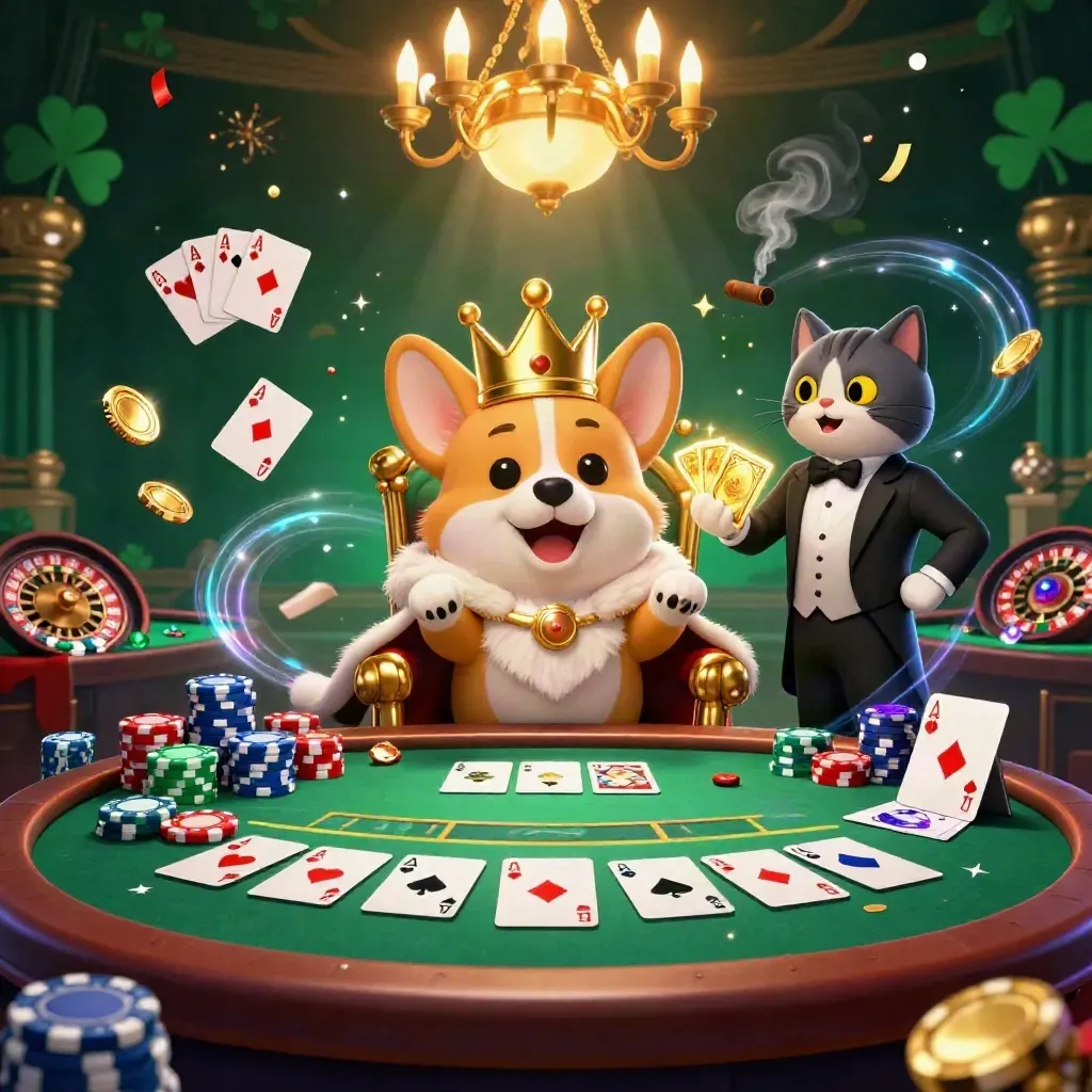 Royal corgi king and cat butler amid neon casino chaos, chips, cards, confetti, smoke, and chandelier glow.
