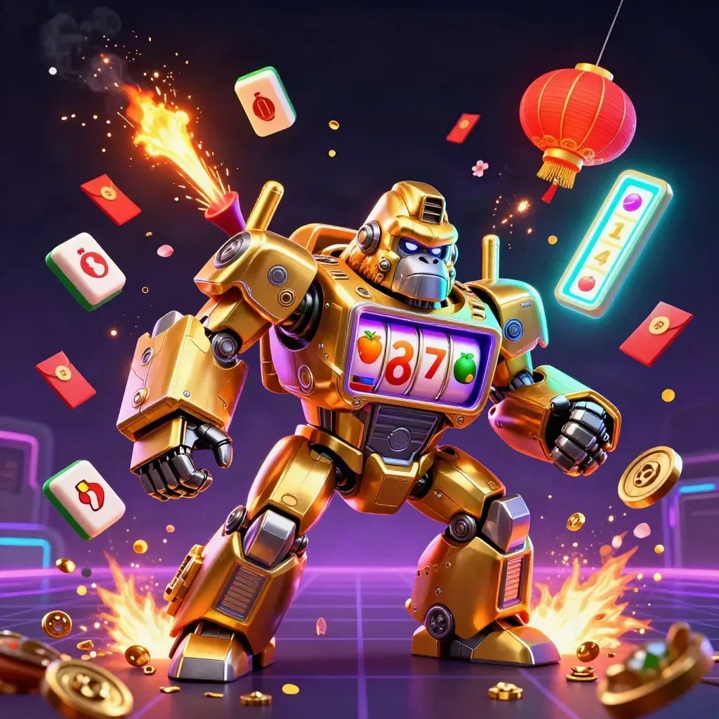 Golden gorilla slot mech with monkey pilot amid lanterns, coins, petals, and cyan neon burst