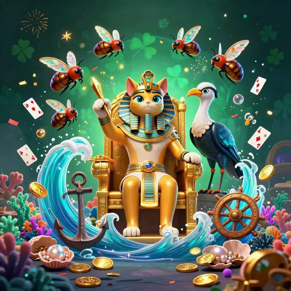 Pharaoh cat, ibis scribe, and gem-wing scarabs amid underwater treasure and neon energy.