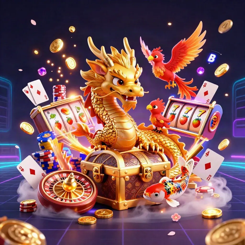 Golden dragon with phoenix and koi exploding from casino treasures in neon cyber colors