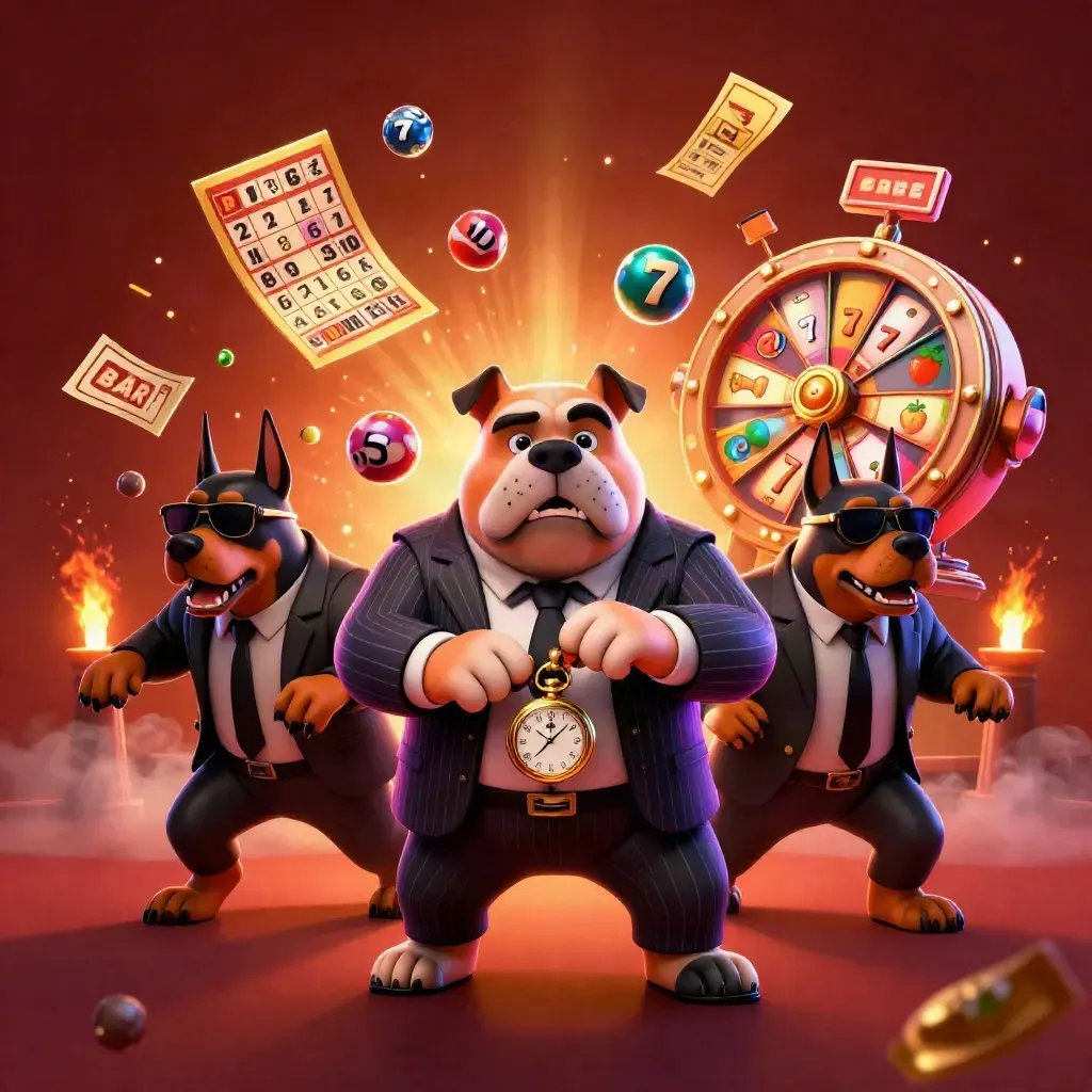 Bulldog boss with two Dobermans amid lottery balls, bingo, reels, and fiery casino effects